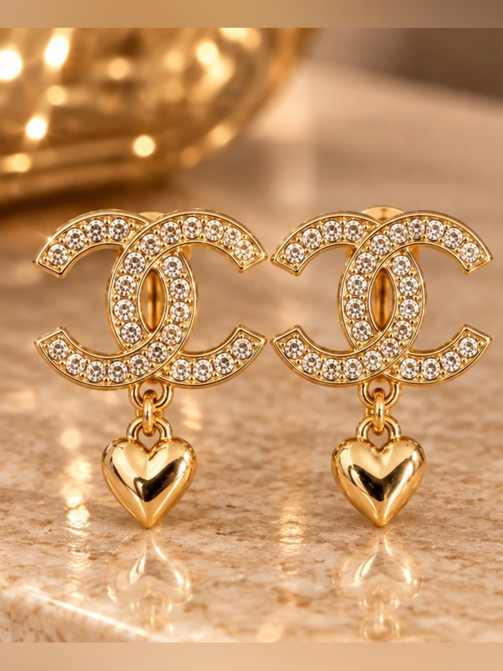 Gold Tone Crystal Double C Heart Drop Earrings Rhinestone Statement Jewelry